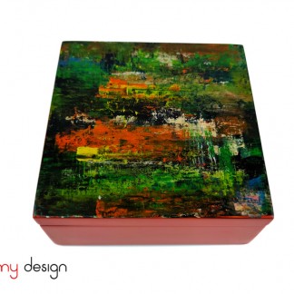 Orange square lacquer box with abstract hand-painting 15 cm